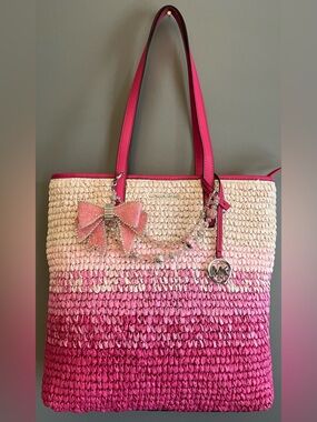 NWT Michael Kors Large Pink Ombré Straw Tote Pink Gradient Design in Dragonfruit